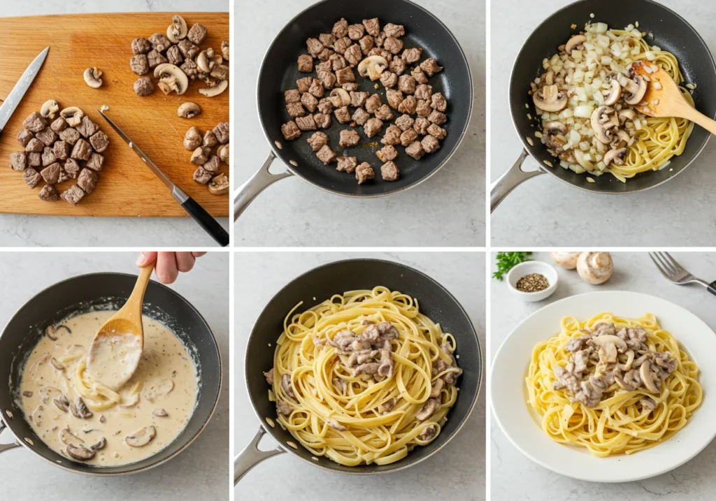 Step-by-Step Cooking Instructions  of Creamy Beef and Mushroom Pasta
