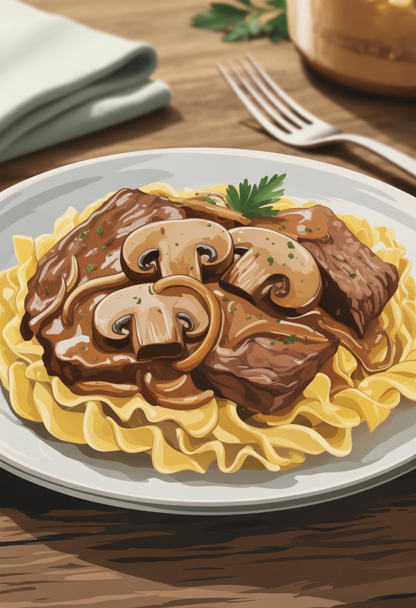A plate of beef stroganoff with creamy mushroom sauce served over egg noodles, garnished with parsley on a wooden table.