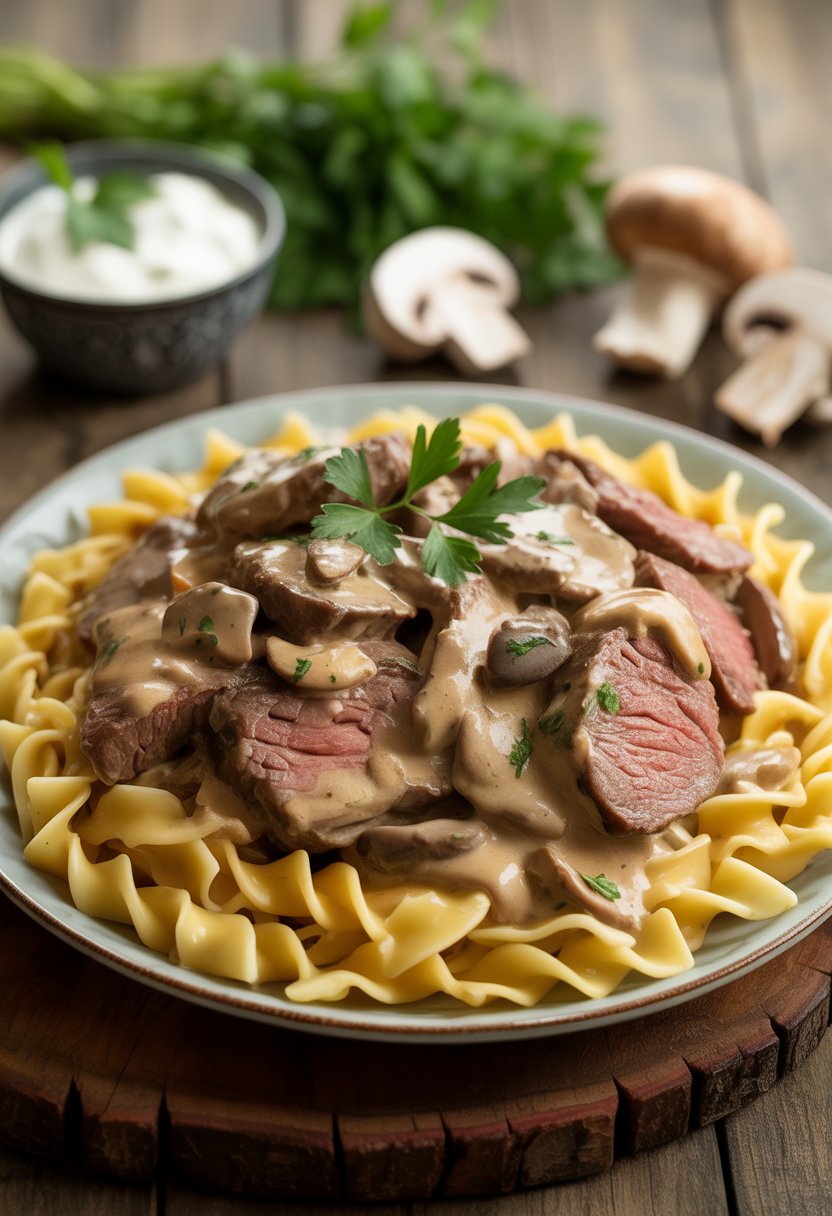 A plate of classic beef stroganoff with creamy mushroom sauce over egg noodles, garnished with parsley on a wooden table.