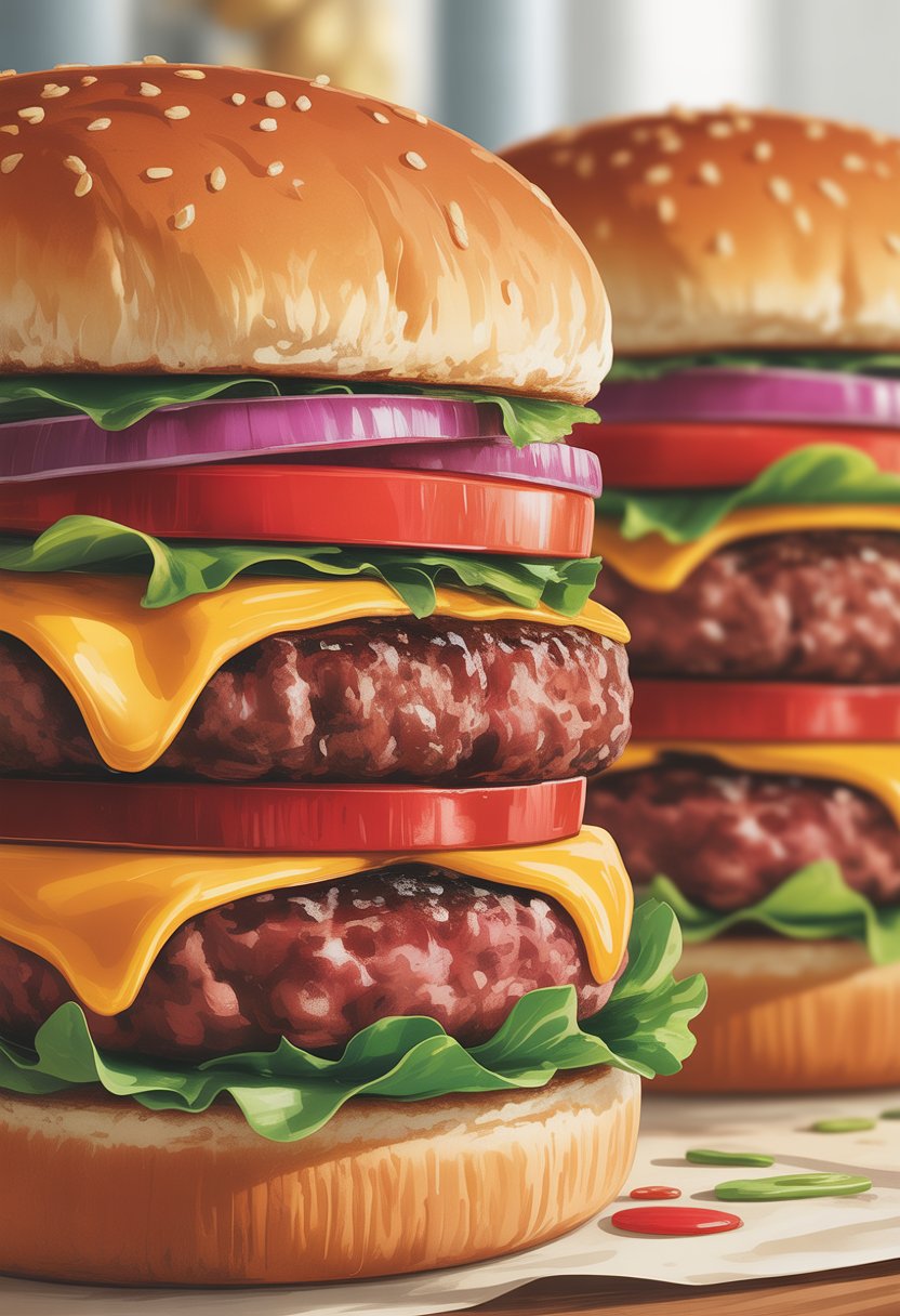 Two homemade beef burgers with melted cheese, lettuce, tomato, and onions on toasted buns.