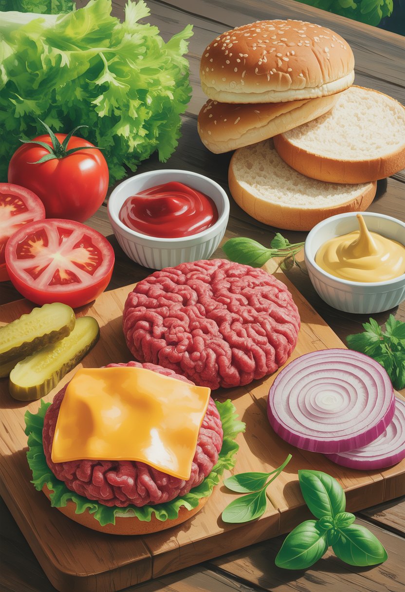 A wooden table with fresh ingredients for homemade beef burgers including raw beef patties, cheese slices, lettuce, tomato slices, onion rings, pickles, burger buns, and small bowls of condiments.