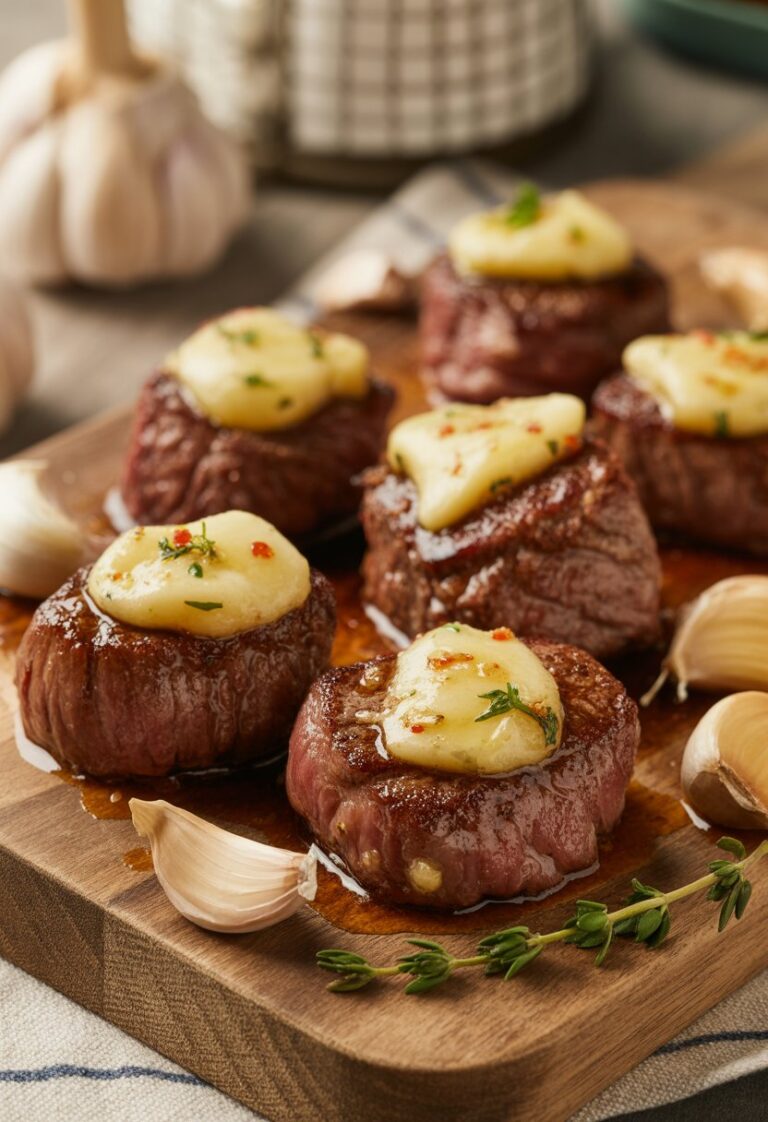 A close-up of garlic butter steak bites on a wooden board with garlic cloves and fresh herbs.