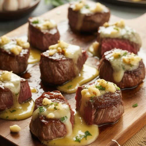 Close-up of garlic butter steak bites on a wooden cutting board with garlic butter sauce and fresh herbs.