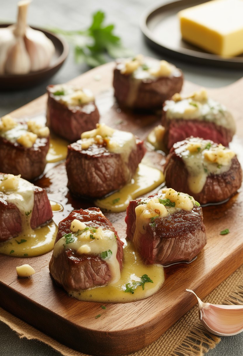 Close-up of garlic butter steak bites on a wooden cutting board with garlic butter sauce and fresh herbs.