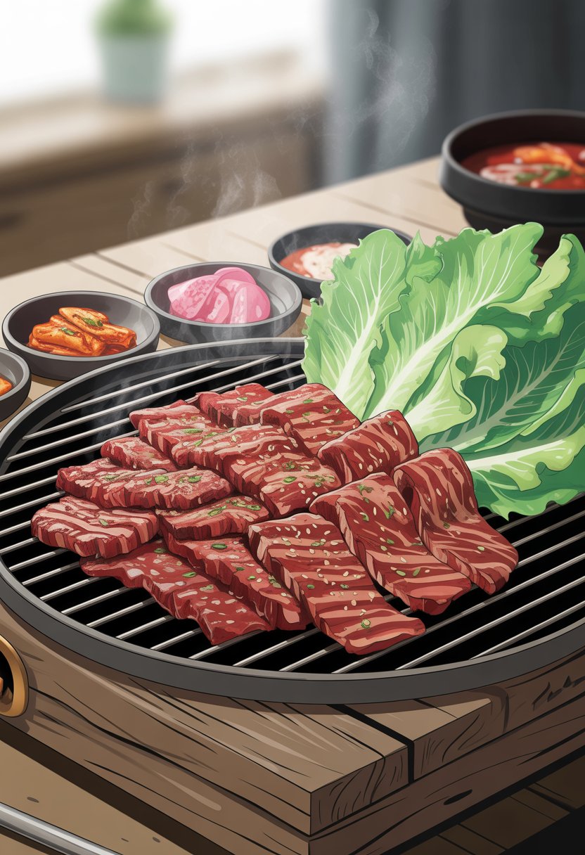 A sizzling Korean BBQ beef bulgogi on a grill surrounded by side dishes and fresh lettuce leaves on a wooden table.