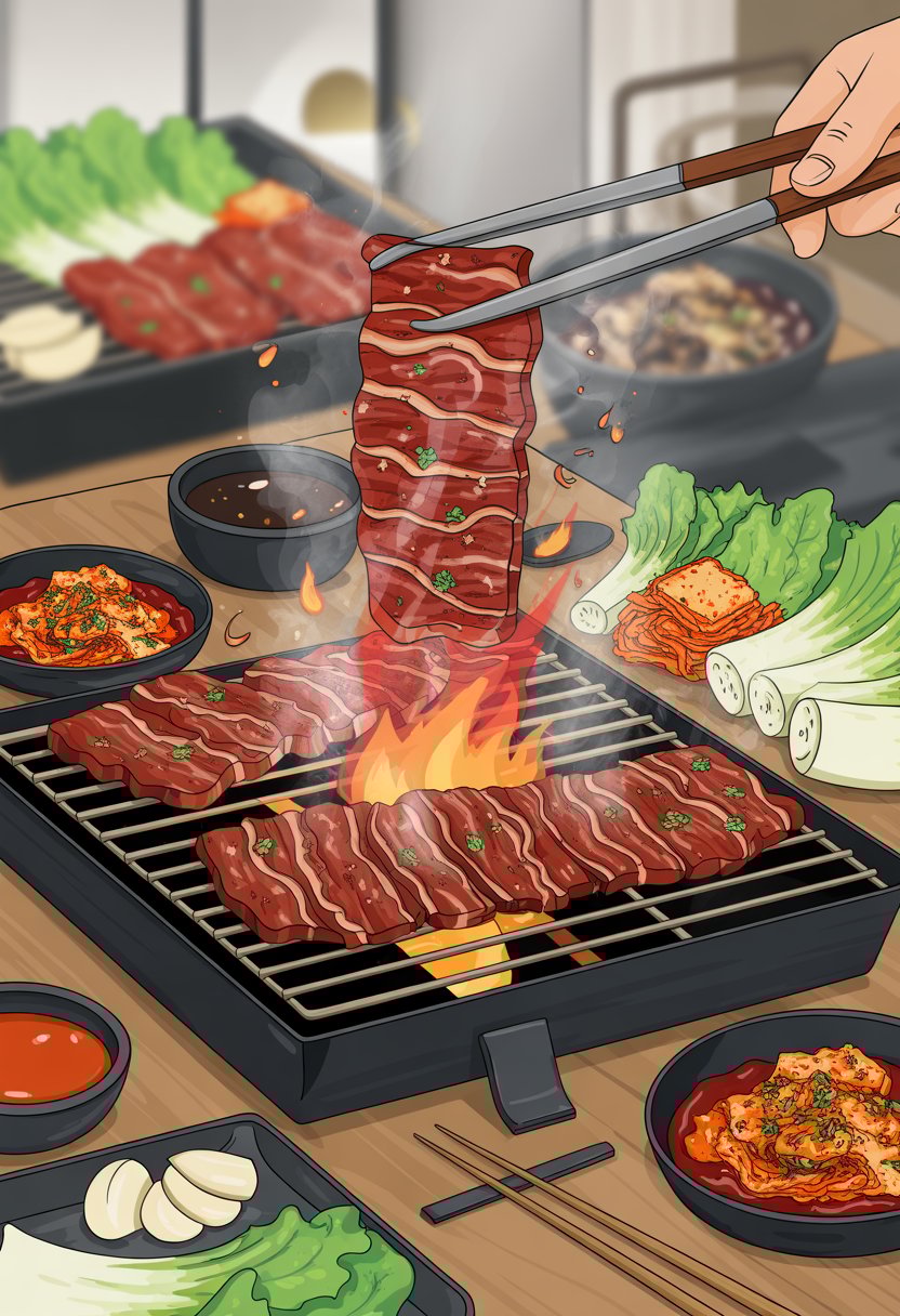 A close-up of beef bulgogi grilling on a charcoal BBQ with side dishes like kimchi and lettuce on a wooden table.