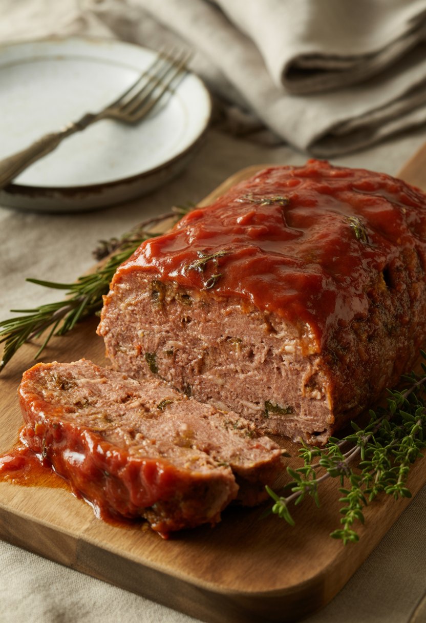 v2 11dirb A freshly baked meatloaf with tomato glaze on a wooden cutting board, sliced to show the inside, with herbs around it and kitchen items in the background.