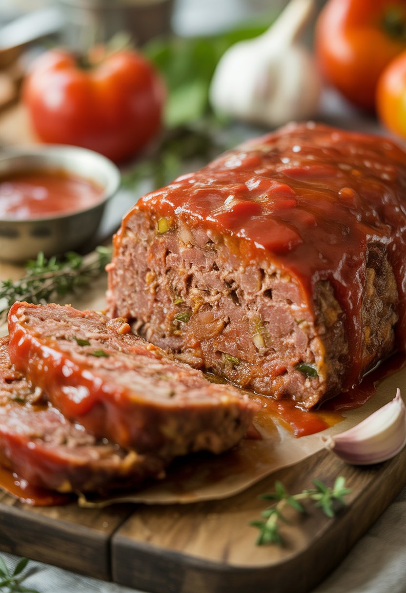 v2 11dirr A sliced meatloaf with tomato glaze on a wooden cutting board surrounded by fresh tomatoes, garlic, and herbs.