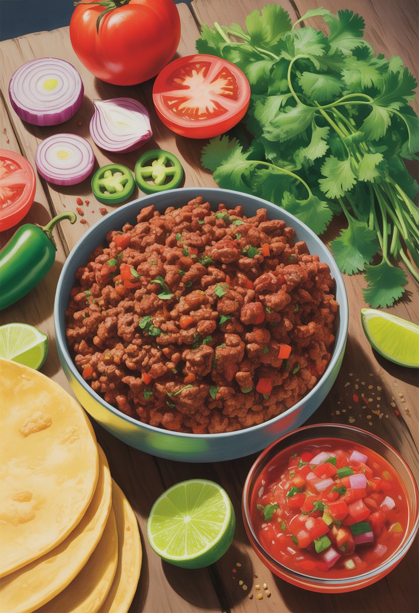 v2 11diz0 A wooden table with bowls and plates of seasoned ground beef, diced tomatoes, onions, jalapeños, cilantro, lime wedges, salsa, and corn tortillas arranged for making spicy beef tacos.