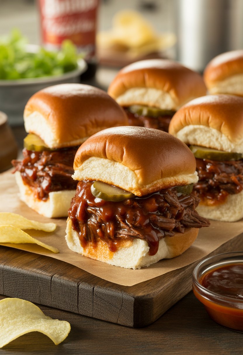 Three BBQ pulled beef sliders on a wooden board with lettuce and pickles, accompanied by a small bowl of barbecue sauce and potato chips.