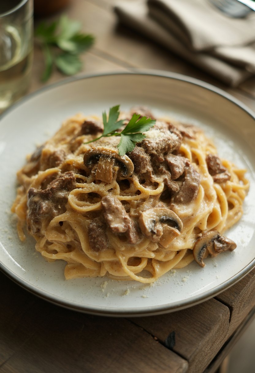 A plate of creamy beef and mushroom pasta garnished with parsley on a wooden table.