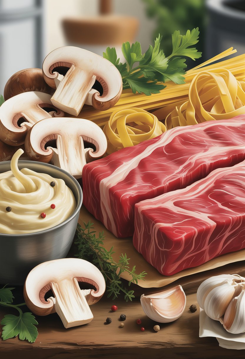 Key ingredients for creamy beef and mushroom pasta arranged on a wooden surface, including raw beef strips, sliced mushrooms, uncooked pasta, creamy sauce, herbs, garlic, and peppercorns.