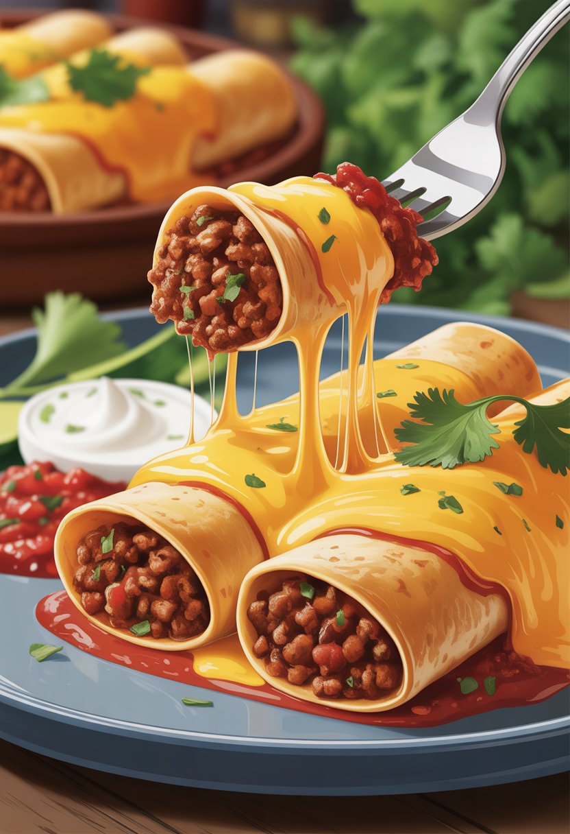 A plate of cheesy ground beef enchiladas with melted cheese, garnished with cilantro, sour cream, and salsa.
