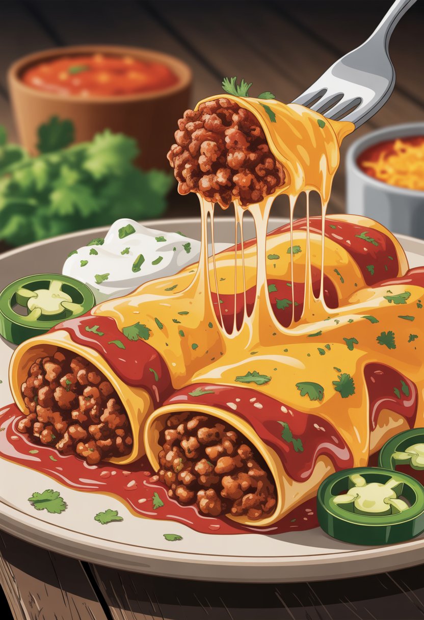 A plate of cheesy ground beef enchiladas topped with melted cheese and red sauce, garnished with cilantro, jalapeños, and sour cream on a wooden table.
