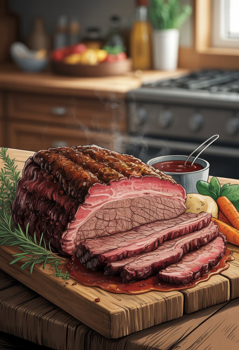 A sliced slow cooked beef brisket on a wooden cutting board with herbs, barbecue sauce, and roasted vegetables.