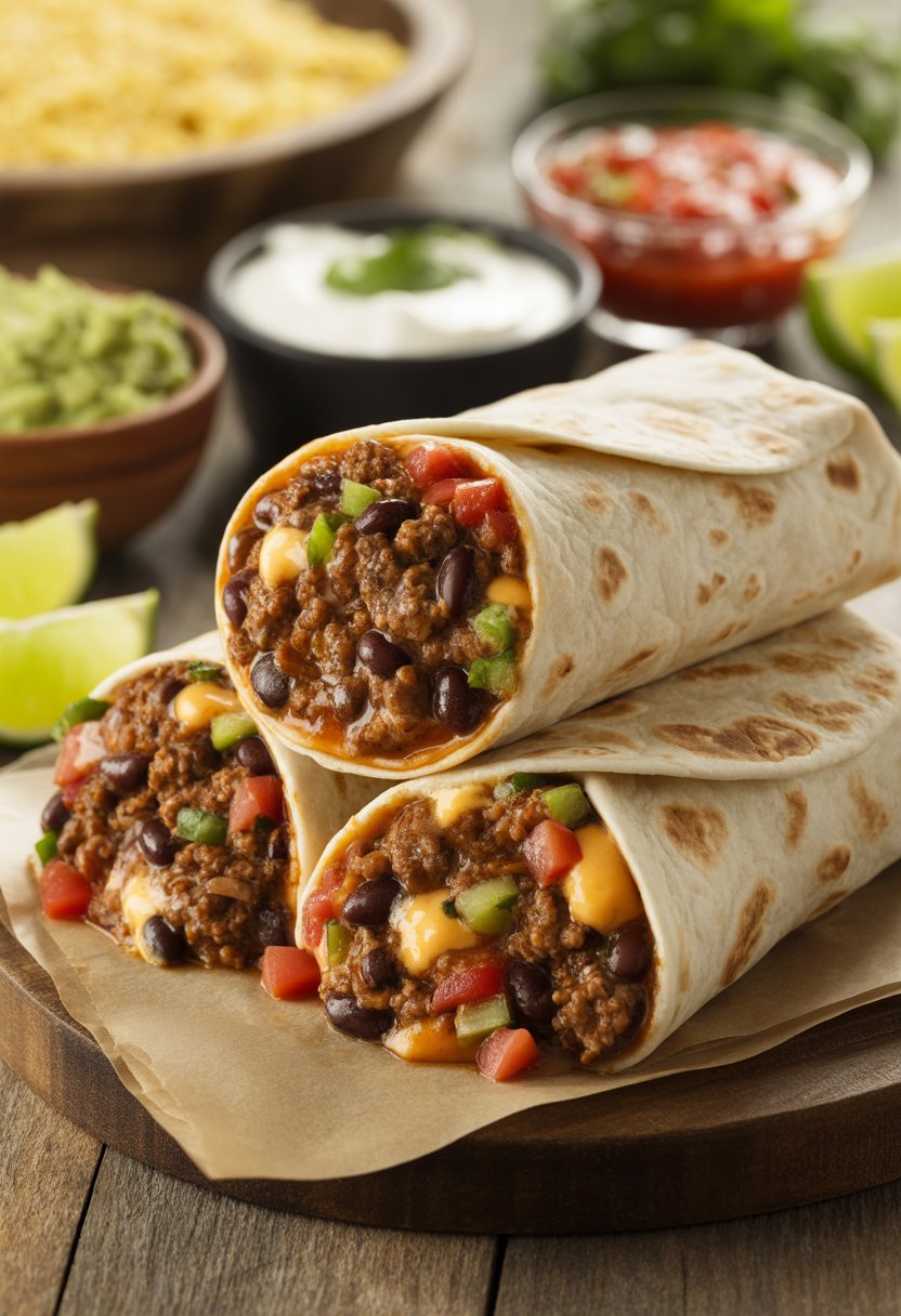 A serving of beef and black bean burritos on a wooden table with bowls of guacamole, sour cream, salsa, and lime wedges.