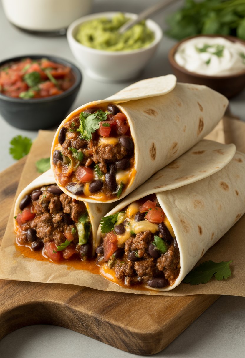 Two beef and black bean burritos on a wooden cutting board with small bowls of salsa, guacamole, and sour cream nearby.