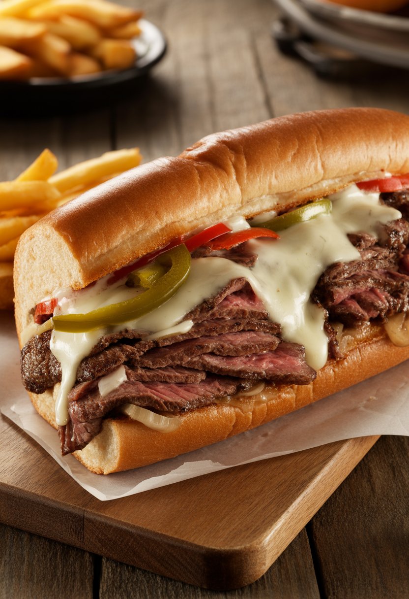 v2 11dk4u 4svcc A Philly cheesesteak sandwich cut in half on a wooden board with melted cheese, grilled steak, onions, and peppers, accompanied by a side of fries.