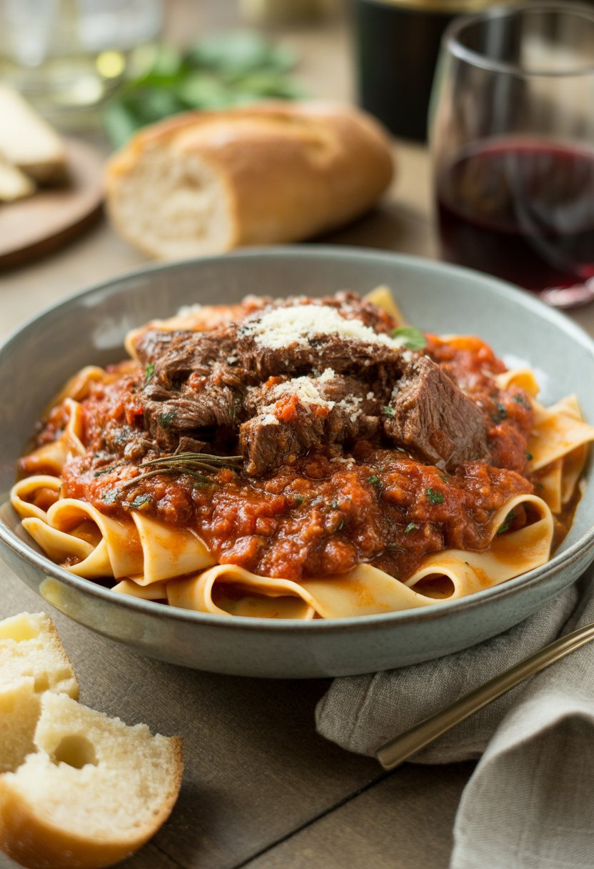 v2 11dkal rsy48 A bowl of beef ragu with pasta on a wooden table, accompanied by bread and a glass of red wine.