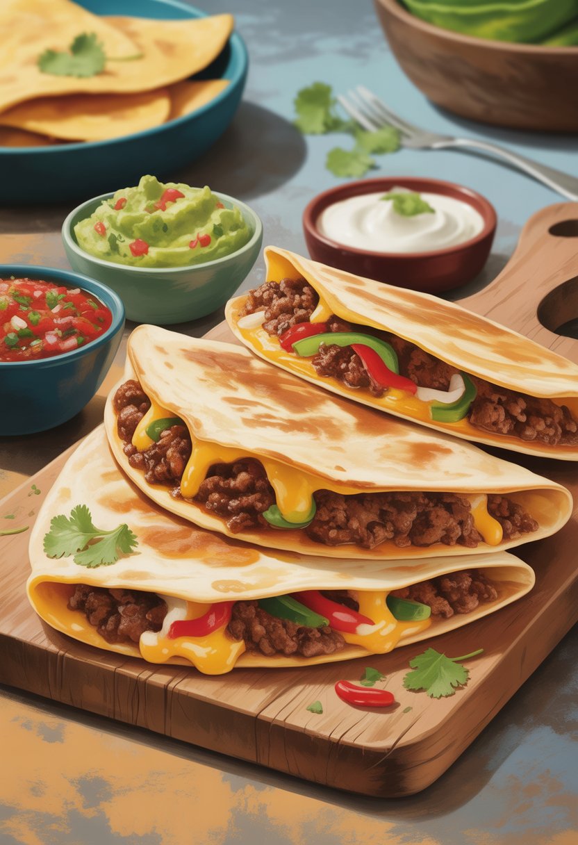 A serving of Mexican beef quesadillas on a wooden board with guacamole, salsa, sour cream, and cilantro garnish.