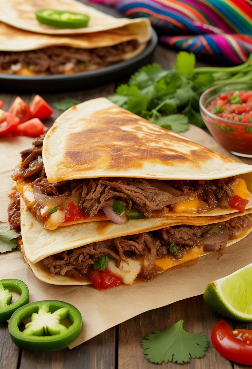 A close-up of a folded beef quesadilla with melted cheese and onions on a wooden table, surrounded by fresh jalapeños, tomatoes, cilantro, lime wedges, and a bowl of red salsa.