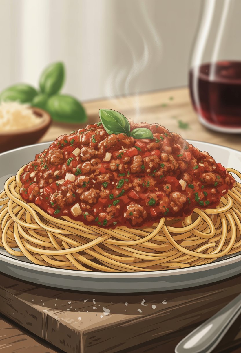 A plate of spaghetti topped with beef Bolognese sauce on a wooden table with basil and Parmesan cheese nearby.