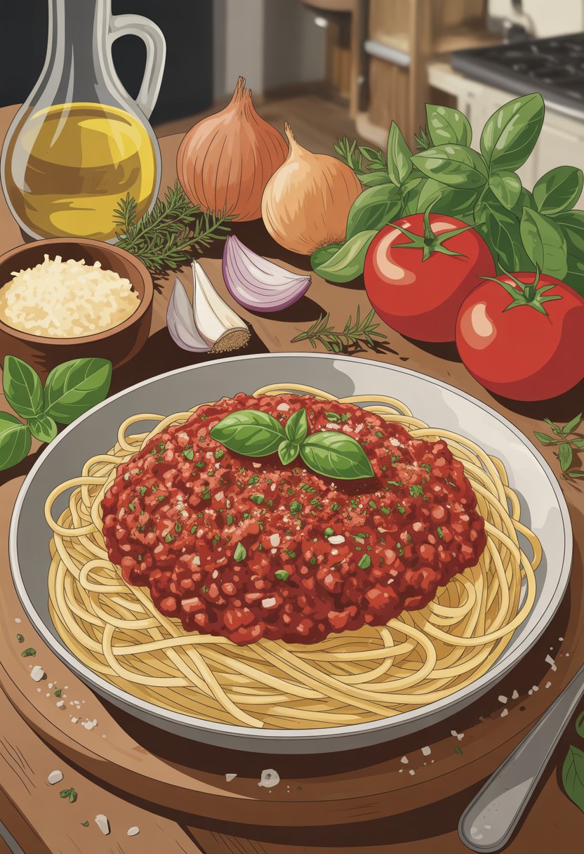 A bowl of spaghetti topped with beef Bolognese sauce surrounded by fresh ingredients like tomatoes, garlic, onions, herbs, and Parmesan cheese on a wooden table.
