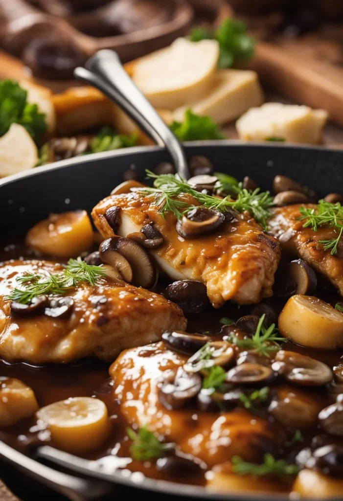 A sizzling chicken breast cooks in a pan, smothered in rich brown gravy, with onions and mushrooms sizzling alongside