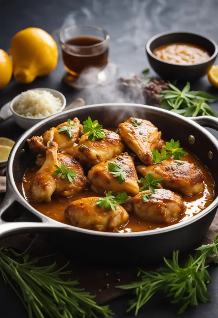 A sizzling skillet with golden-brown chicken smothered in rich, savory gravy, surrounded by aromatic herbs and spices