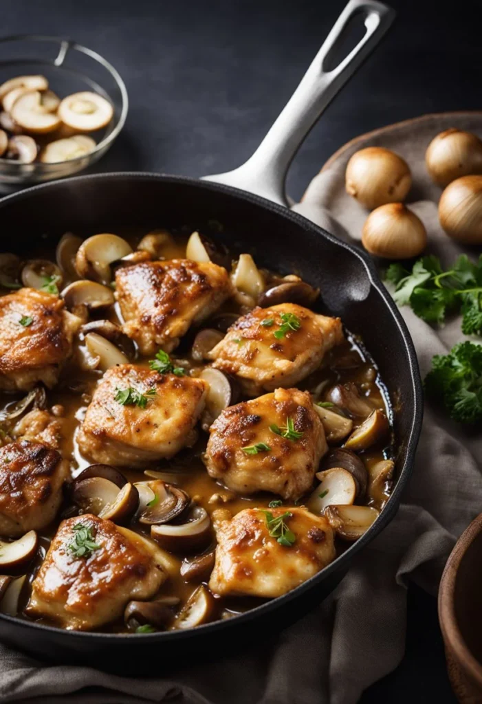 A sizzling skillet with chicken thighs smothered in rich, savory gravy, surrounded by simmering onions and mushrooms on a stovetop
