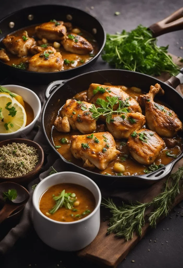 A sizzling skillet of chicken thighs simmering in a rich, savory gravy, surrounded by aromatic herbs and spices