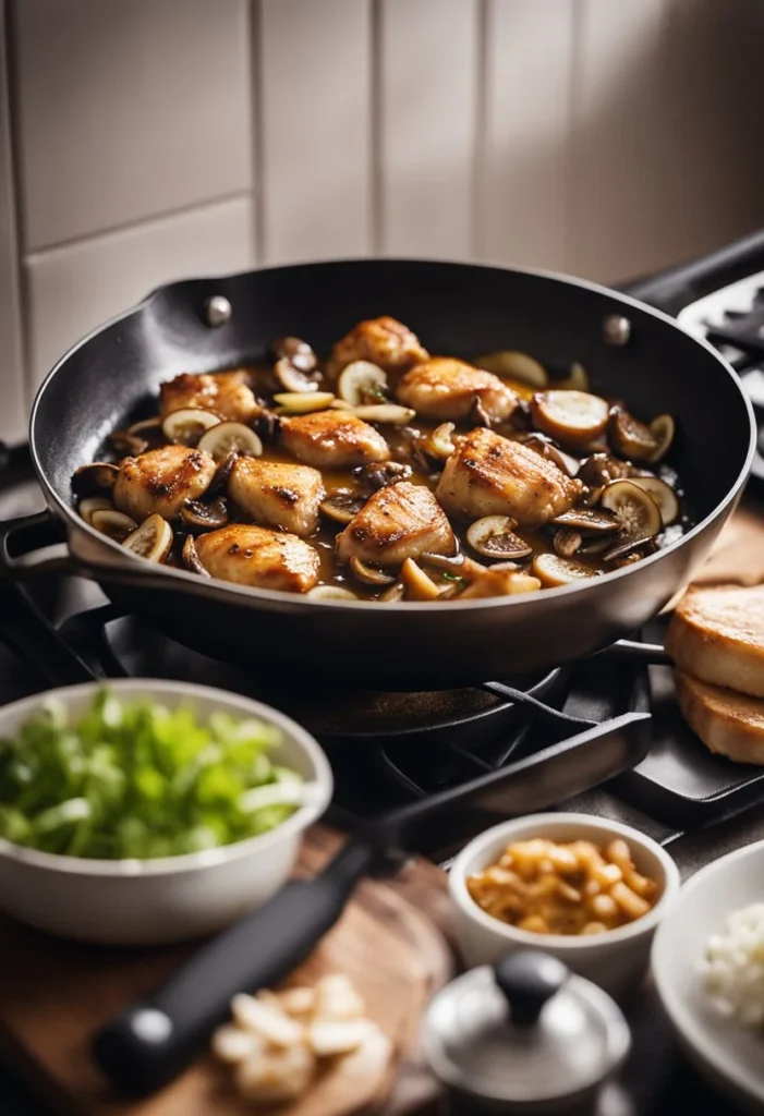 A skillet sizzling with seasoned chicken thighs, onions, and mushrooms simmering in a rich, savory gravy on a stovetop