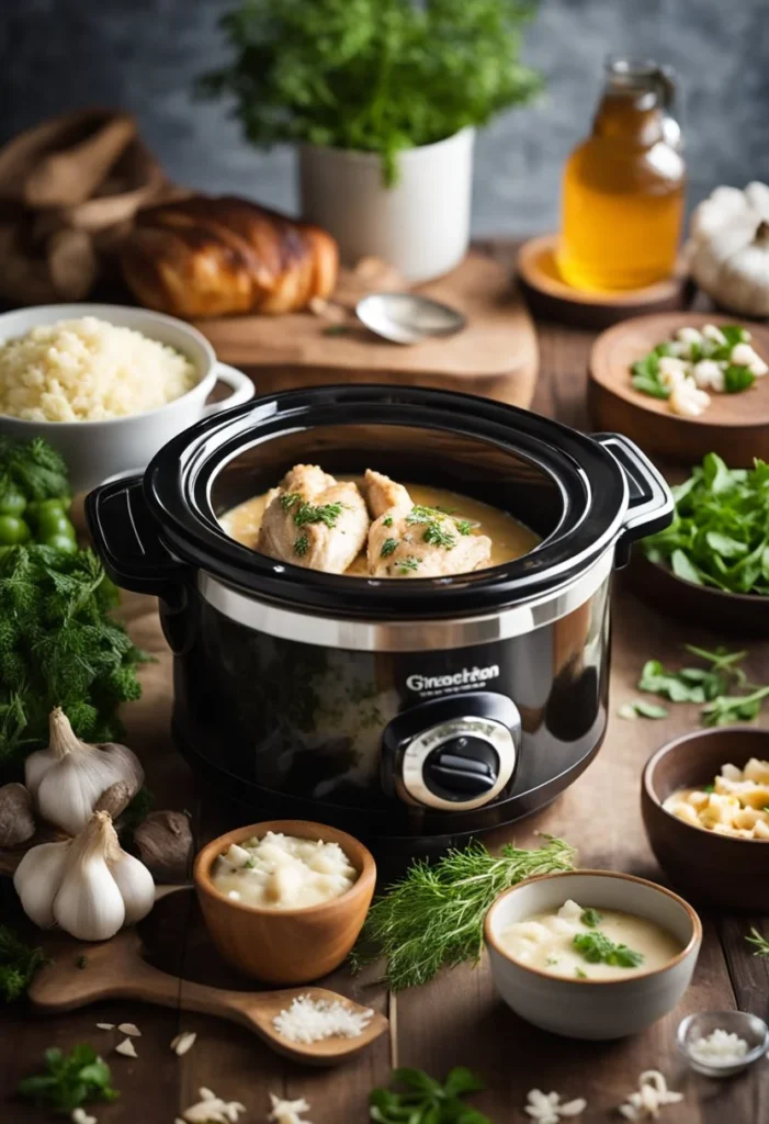 A crockpot simmering with creamy, flavorful Marry Me Chicken, surrounded by fresh herbs, garlic, and a hint of parmesan cheese