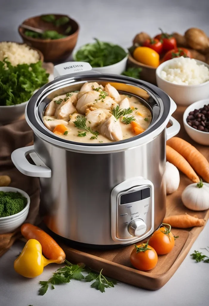 A crockpot filled with creamy, flavorful Marry Me Chicken surrounded by essential ingredients like herbs, spices, and vegetables