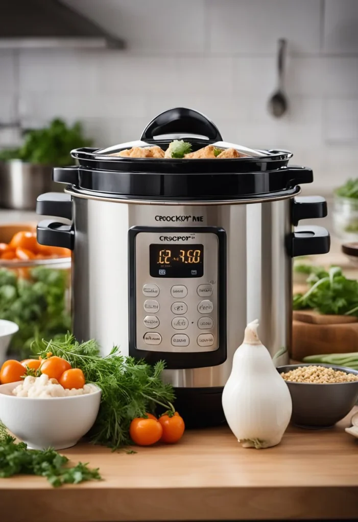 A crockpot filled with creamy Marry Me Chicken, surrounded by fresh herbs and spices on a kitchen counter