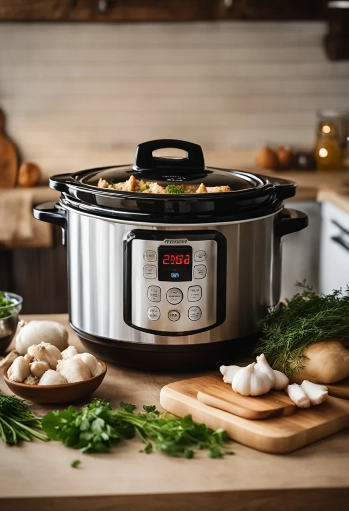 A crockpot simmering with creamy, flavorful "Marry Me Chicken" surrounded by fresh herbs and spices on a rustic kitchen counter