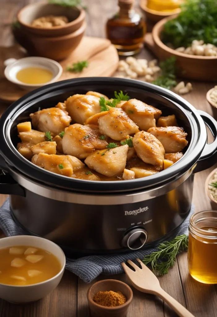 Chicken pieces cooking in a crockpot with honey, garlic, and savory spices, emitting a sweet aroma