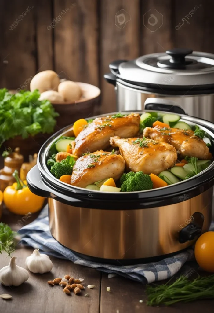 A crockpot filled with chicken, honey, garlic, and various herbs and spices, surrounded by fresh vegetables and a bottle of honey