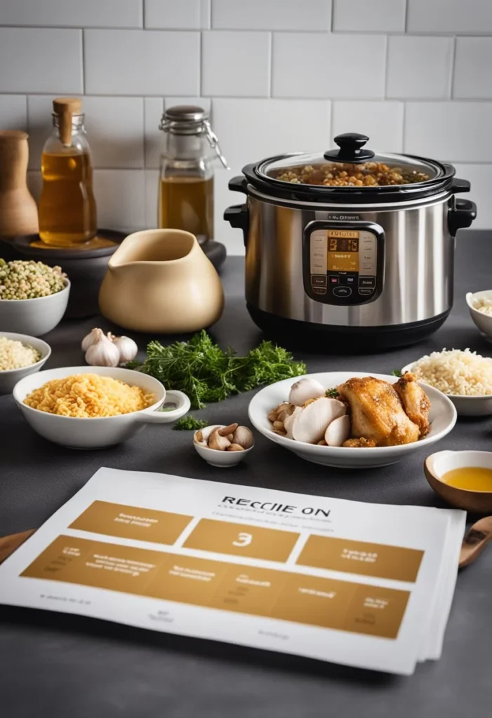 A kitchen counter with ingredients (chicken, garlic, honey, soy sauce) and a crockpot surrounded by cooking utensils and a recipe card