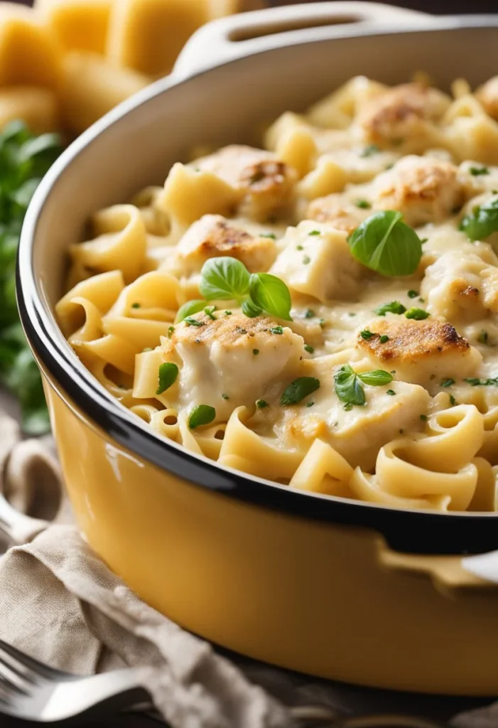 A bubbling casserole dish filled with creamy pasta, chunks of tender garlic parmesan chicken, and a golden layer of melted cheese on top