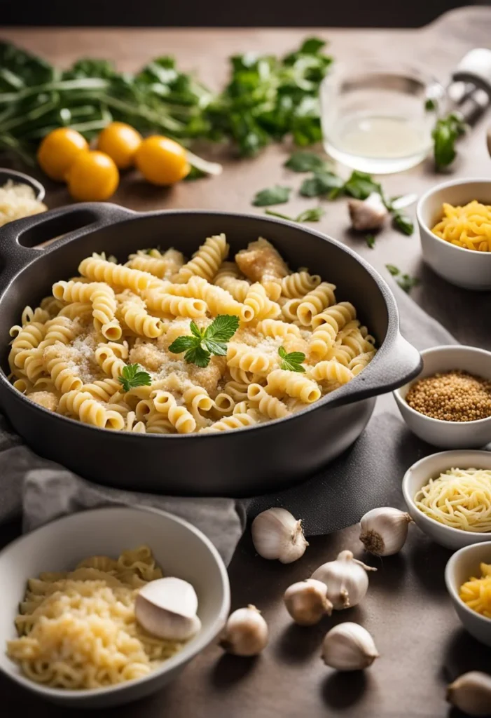 A kitchen counter with ingredients for Garlic Parmesan Chicken Pasta Bake, including garlic, parmesan, chicken, pasta, and baking dish