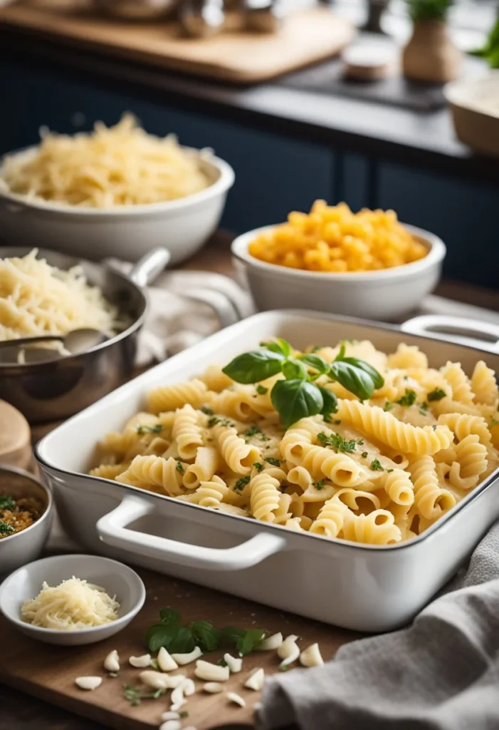 A kitchen counter with ingredients (garlic, parmesan, chicken, pasta) and cooking utensils arranged neatly. A casserole dish filled with creamy, cheesy pasta bake sits nearby