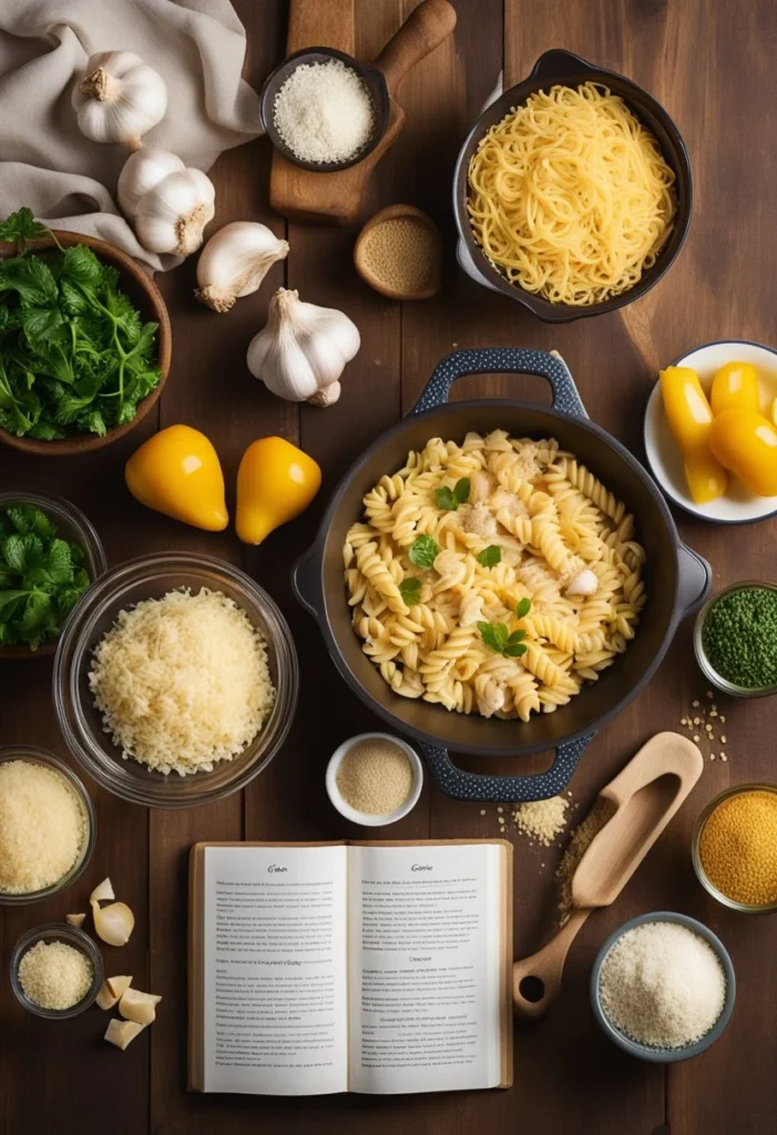 A kitchen counter with ingredients, a casserole dish, and a mixing bowl, surrounded by utensils and a recipe book open to the Garlic Parmesan Chicken Pasta Bake page