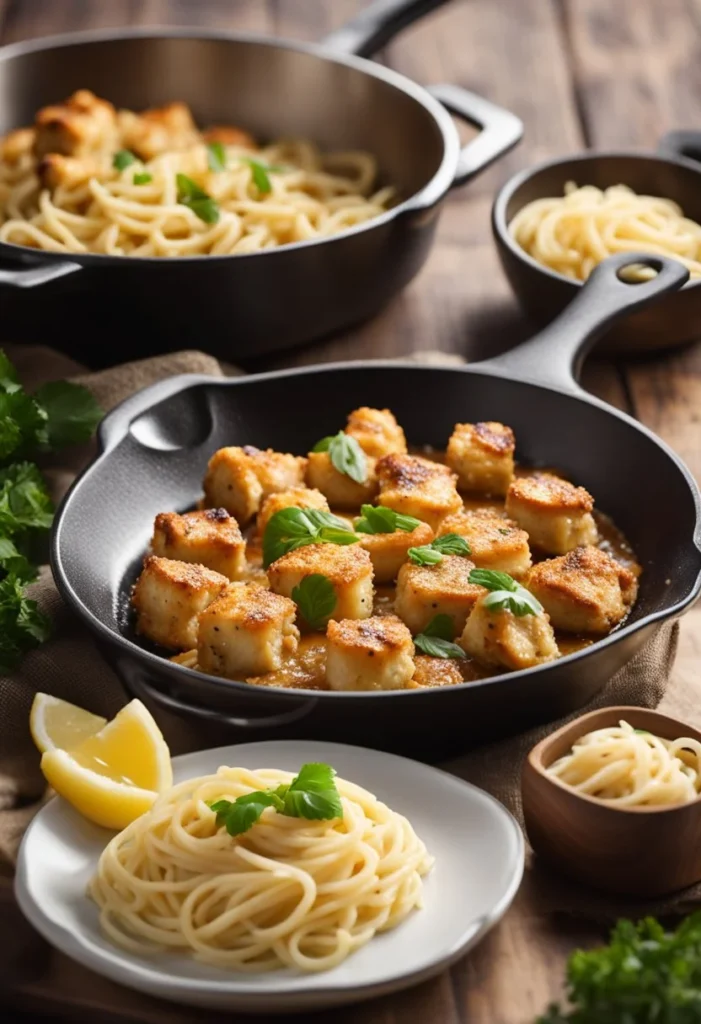 A sizzling skillet of garlic butter chicken bites next to a creamy parmesan pasta dish on a rustic wooden table