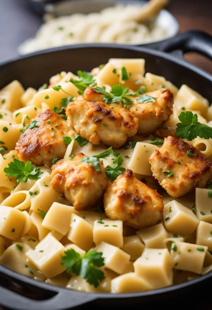 A sizzling skillet with golden-brown chicken bites in a pool of creamy garlic butter sauce, served alongside a heaping plate of al dente parmesan pasta