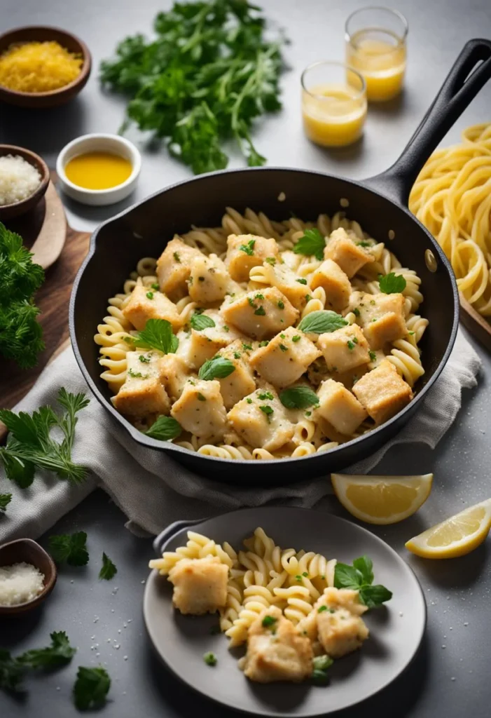 A sizzling skillet of garlic butter chicken bites next to a creamy parmesan pasta dish, with steam rising and a sprinkle of fresh herbs