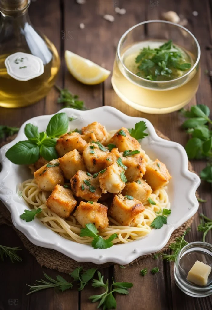 A plate of garlic butter chicken bites and creamy parmesan pasta on a rustic wooden table, surrounded by fresh herbs and a glass of white wine