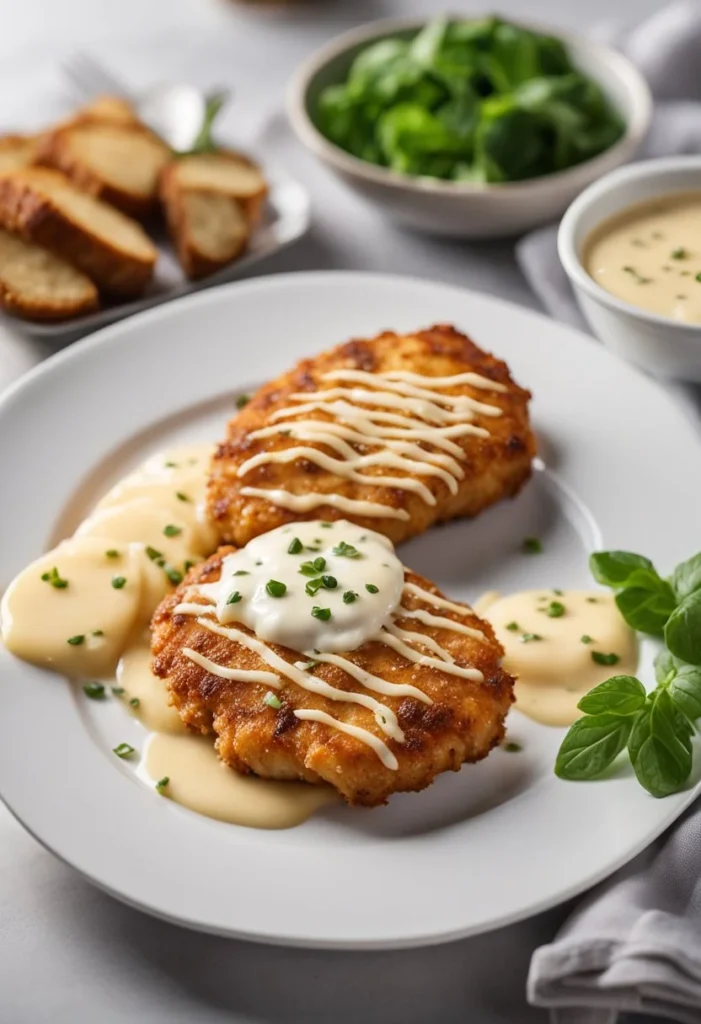A golden-brown chicken cutlet topped with parmesan and drizzled with creamy garlic sauce on a white plate