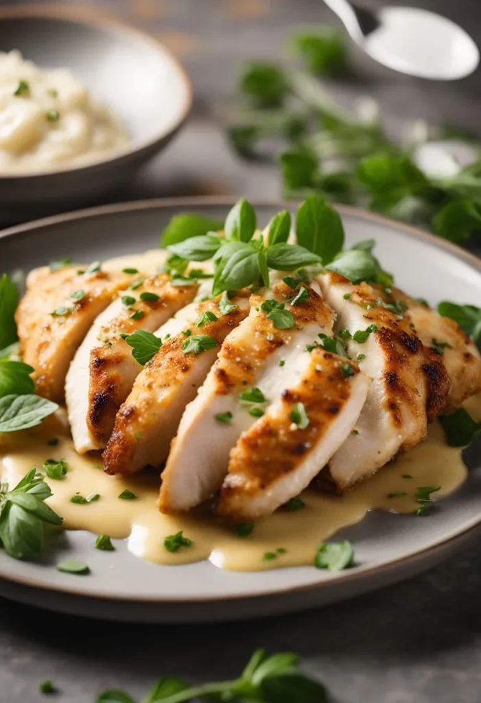 A golden-brown parmesan-coated chicken breast sits on a plate, drizzled with creamy garlic sauce. A scattering of fresh herbs adds a pop of color