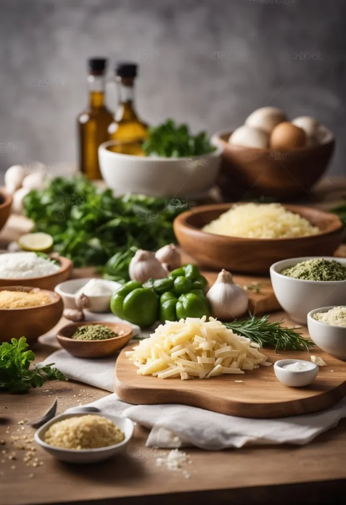A kitchen counter with ingredients: chicken, parmesan, garlic, cream, and seasonings. A cutting board, knife, and mixing bowls are present